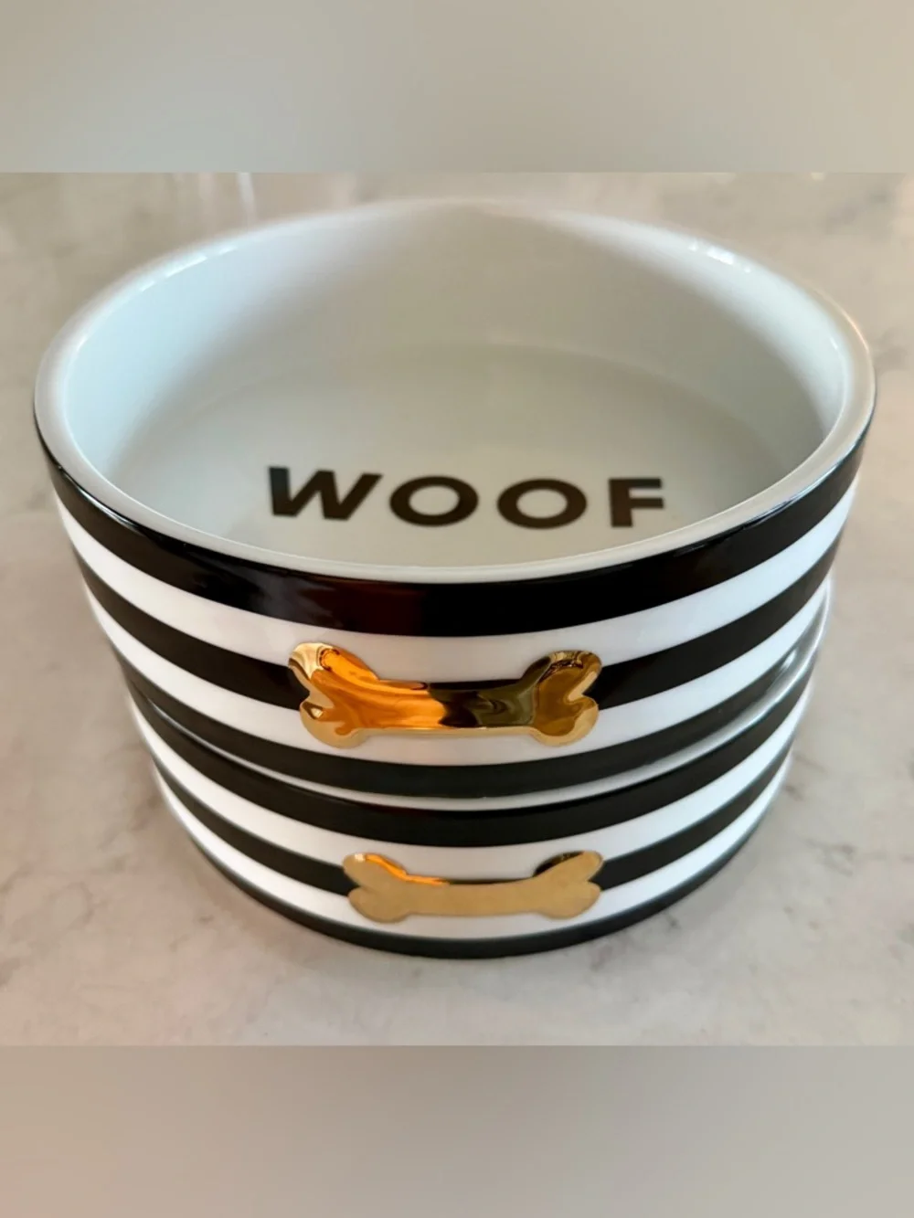 Pottery Barn Striped Ceramic Pet Bowls - Black, White & Gold Accent - like NEW!